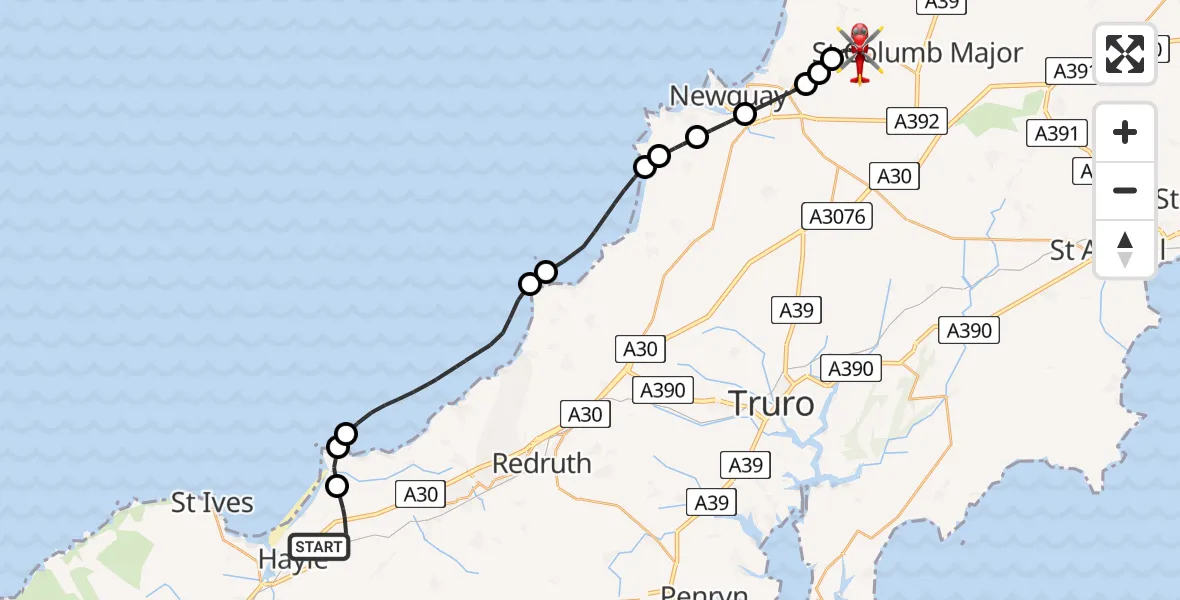 Routekaart van de vlucht: Air Ambulance Helicopter to Cornwall Airport Newquay