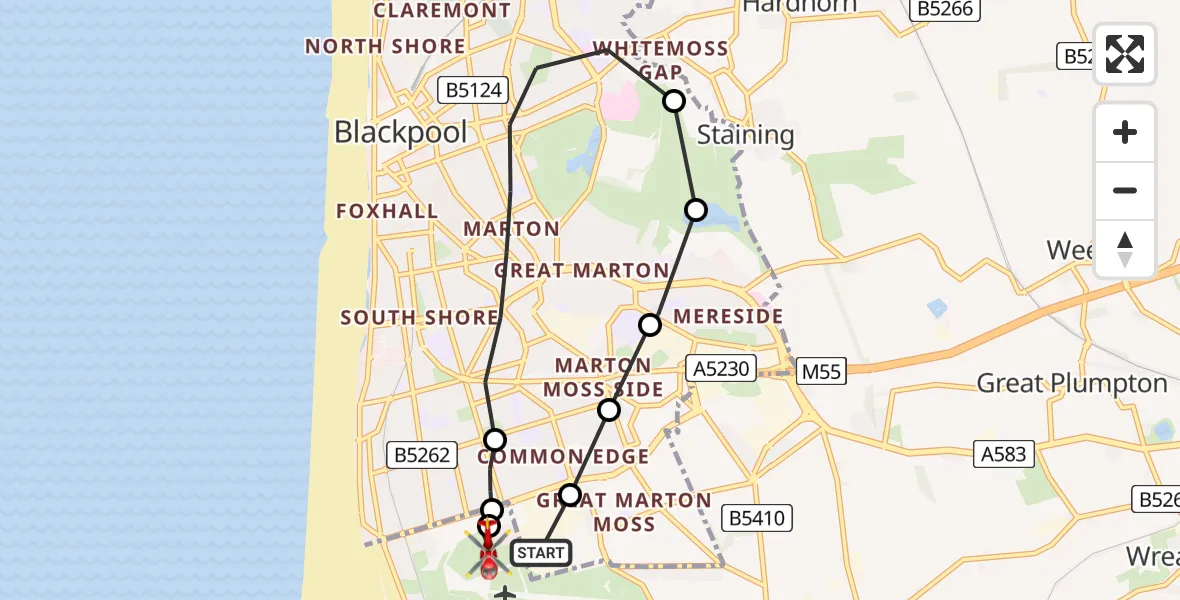 Flight path map showing Air Ambulance Helicopter route from Blackpool Airport to Blackpool Airport