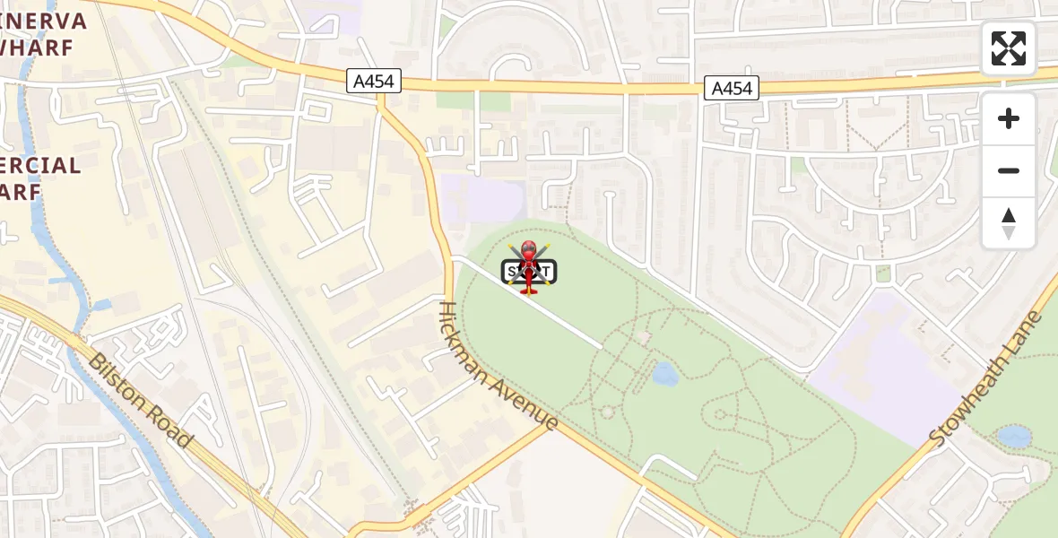 Flight path map showing Air Ambulance Helicopter route from Bilston to Bilston