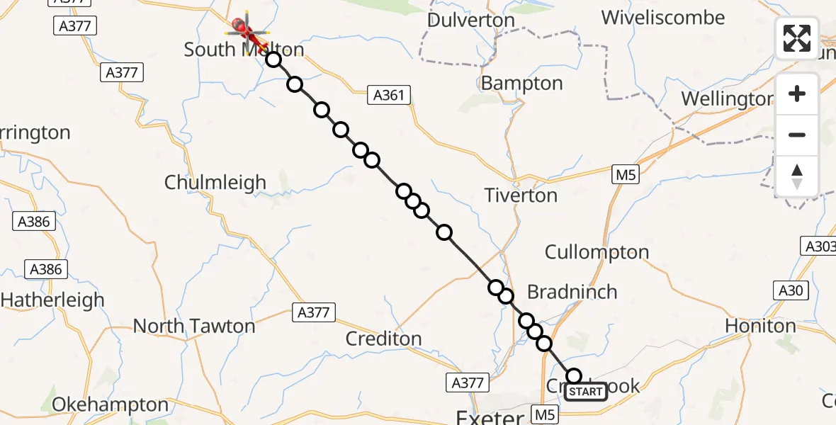 Flight path map showing Air Ambulance Helicopter route from Cranbrook to South Molton