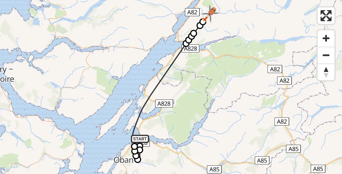 Flight path map showing Coastguard Helicopter route from Oban Airport to Highland