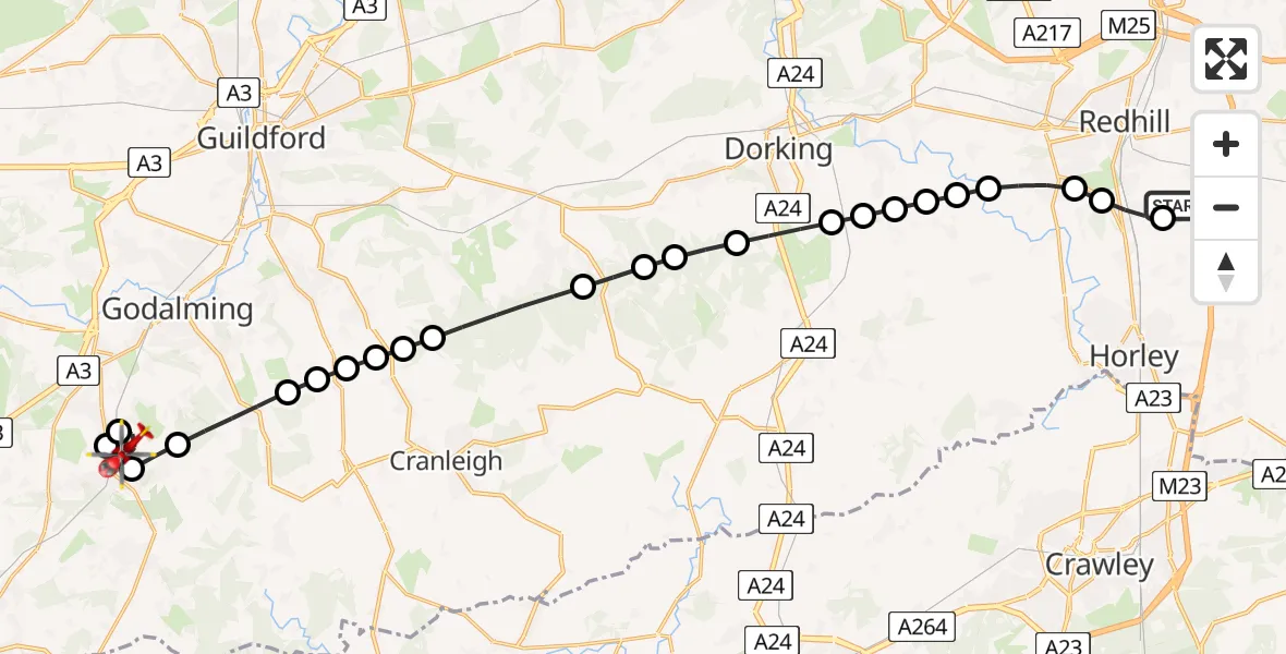 Flight path map showing Air Ambulance Helicopter route from Redhill Aerodrome to Enton Green