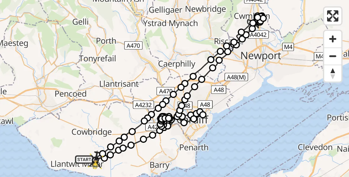 Flight path map showing Police Helicopter route from Llanmaes to MOD St Athan