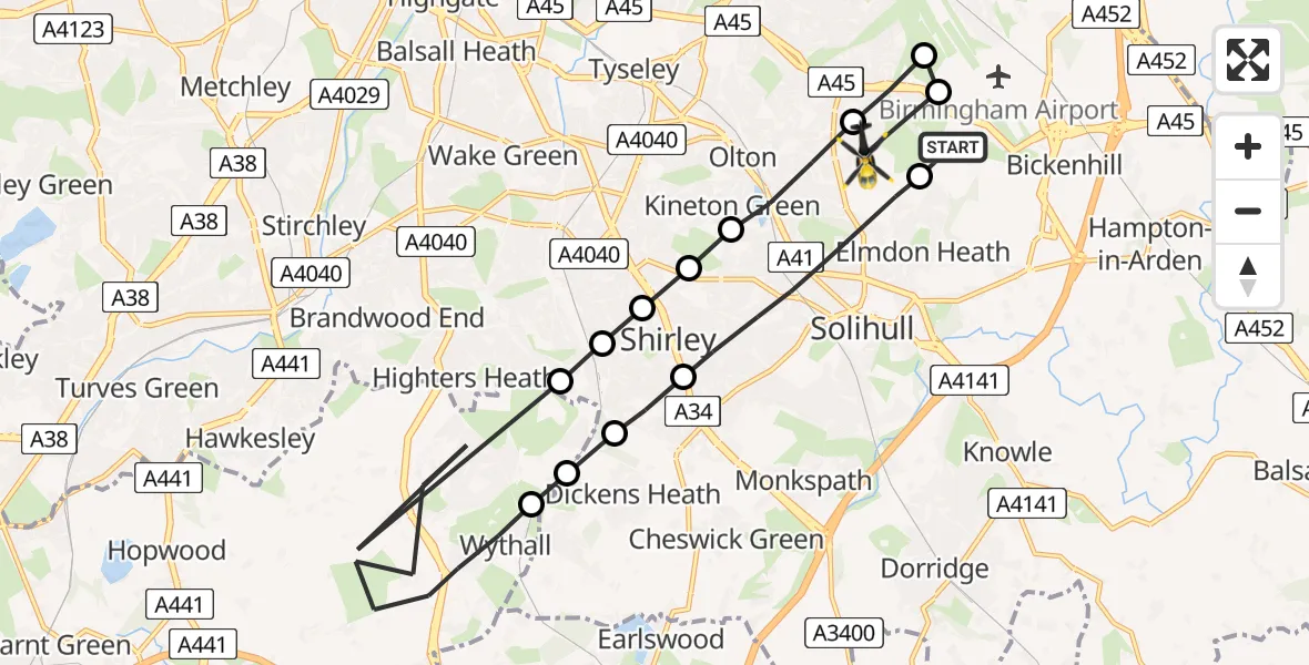 Flight path map showing Police Helicopter route from Solihull to Solihull