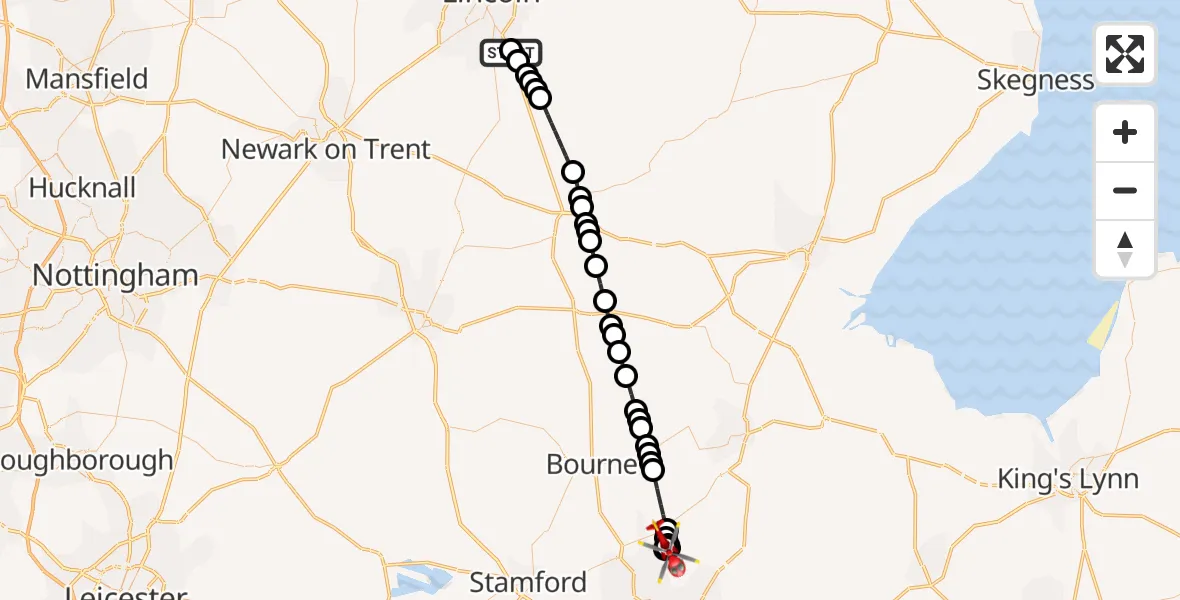 Flight path map showing Air Ambulance Helicopter route from RAF Waddington to Frognall