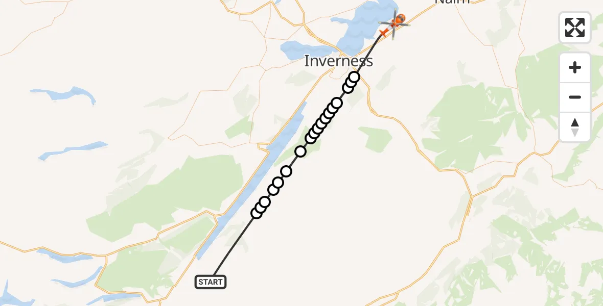 Flight path map showing Coastguard Helicopter route from Highland to Inverness Airport
