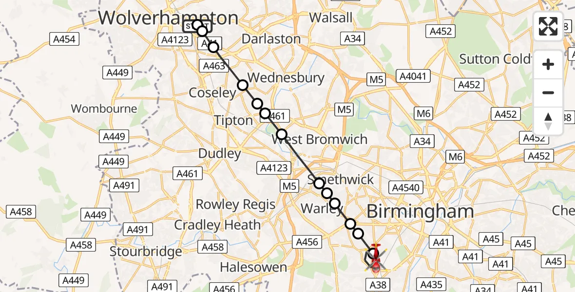 Flight path map showing Air Ambulance Helicopter route from Bilston to Metchley