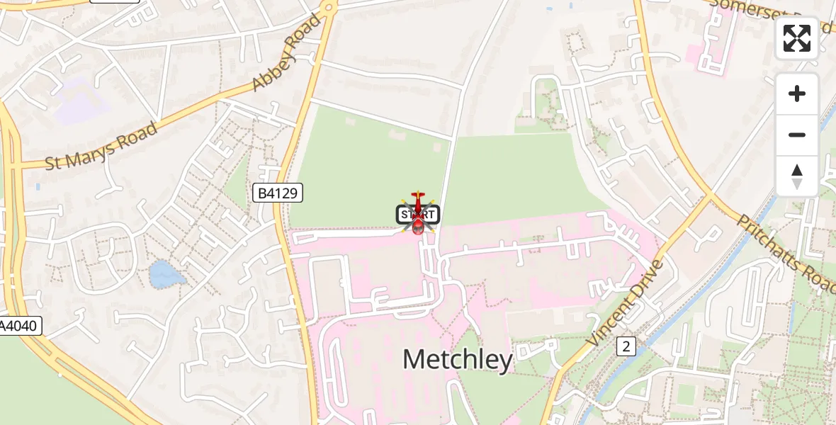 Flight path map showing Air Ambulance Helicopter route from Queen Elizabeth Hospital Helipad to Metchley