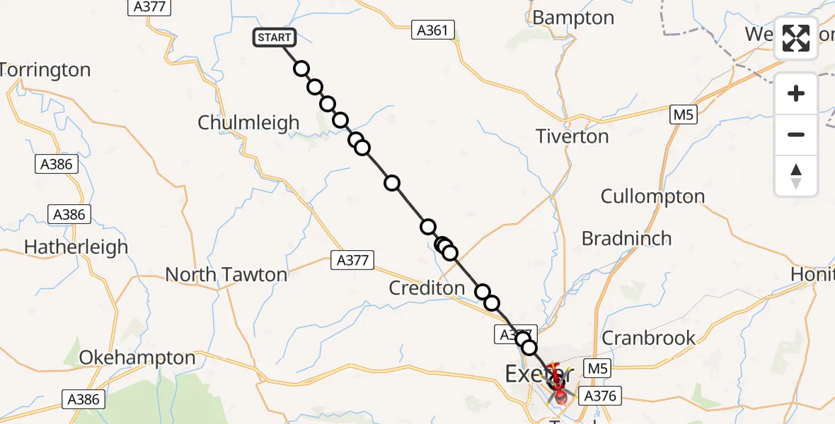 Flight path map showing Air Ambulance Helicopter route from Romansleigh to Royal Devon & Exeter Hospital