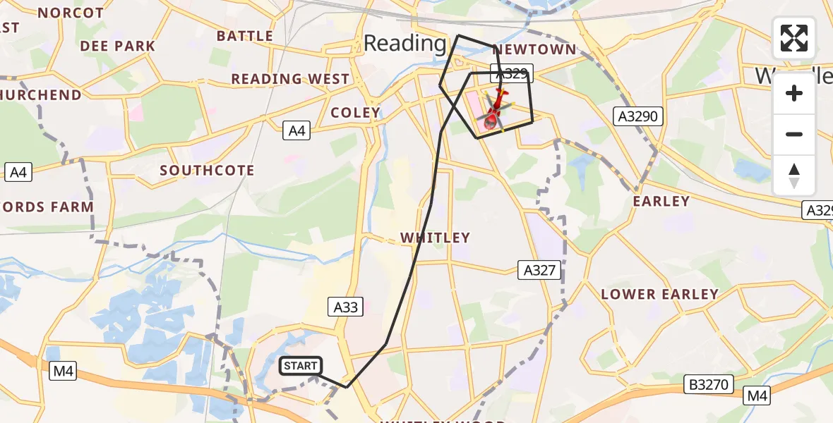 Flight path map showing Air Ambulance Helicopter route from Reading to Royal Berkshire Hospital