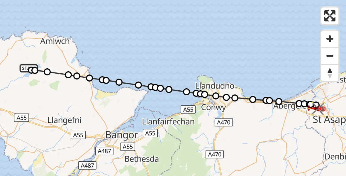 Flight path map showing Air Ambulance Helicopter route from Llanbabo to Bodelwyddan