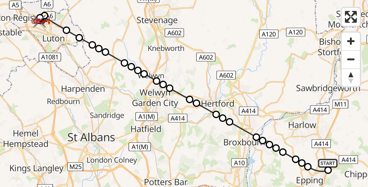 Flight path map showing Air Ambulance Helicopter route from North Weald Airfield to Luton