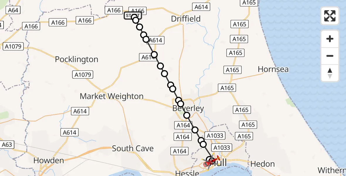 Flight path map showing Air Ambulance Helicopter route from Wetwang to Hull Royal Infirmary