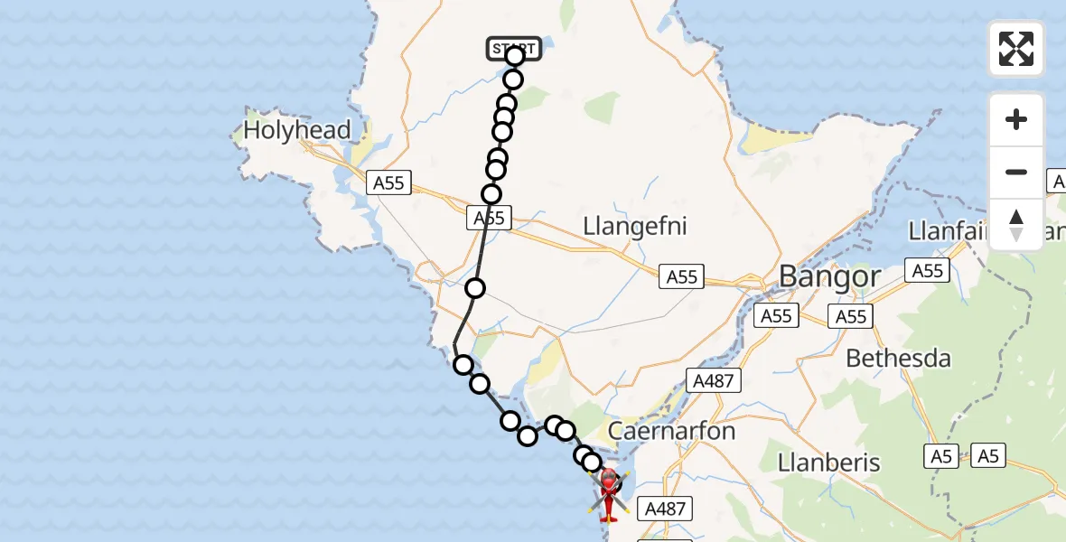 Flight path map showing Air Ambulance Helicopter route from Llanbabo to Caernarfon Airport