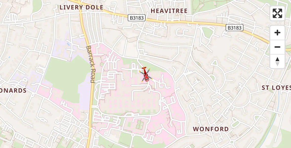 Flight path map showing Air Ambulance Helicopter route from Royal Devon & Exeter Hospital to Royal Devon & Exeter Hospital