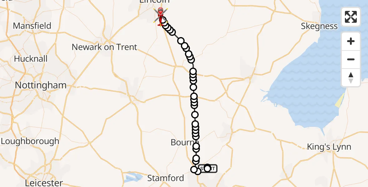 Flight path map showing Air Ambulance Helicopter route from Frognall to North Kesteven