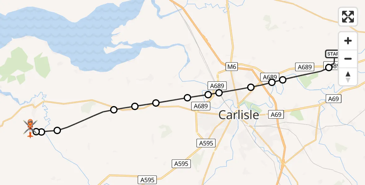 Flight path map showing Coastguard Helicopter route from Carlisle Lake District Airport to Kirkbride Airfield