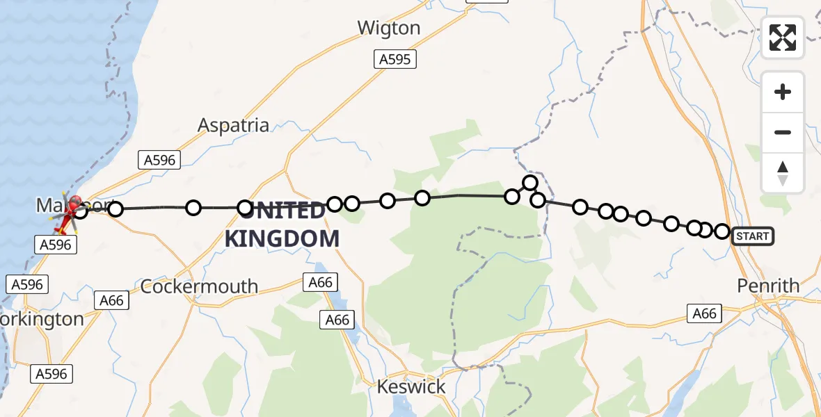 Flight path map showing Air Ambulance Helicopter route from Penrith to Maryport