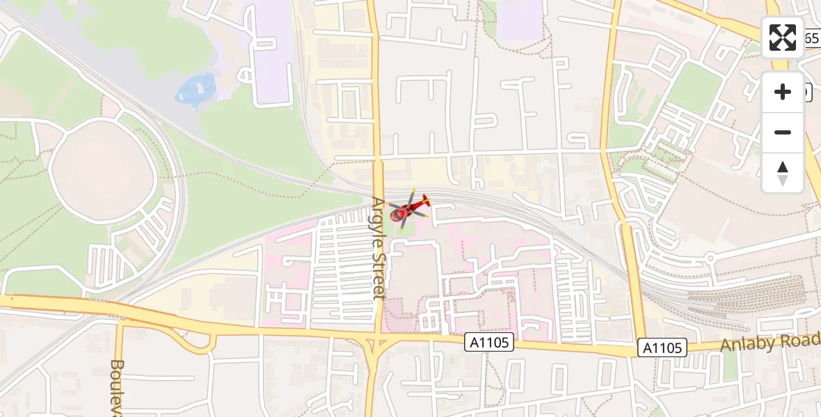 Flight path map showing Air Ambulance Helicopter route from Hull Royal Infirmary to Hull Royal Infirmary
