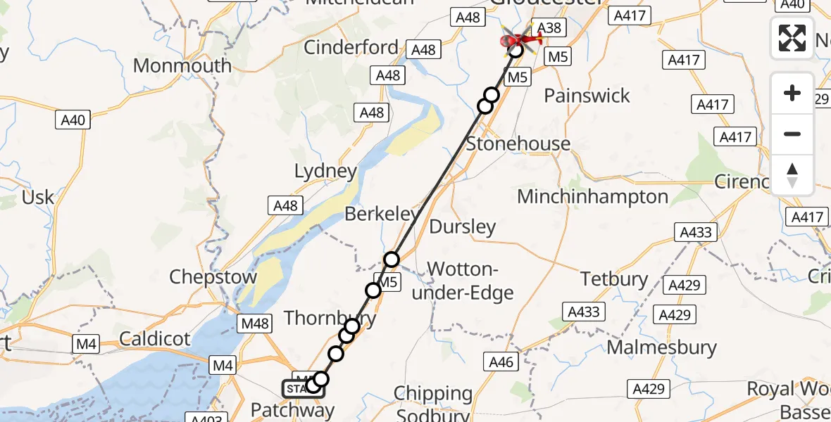Flight path map showing Air Ambulance Helicopter route from Almondsbury Helicopter Base to Gloucester