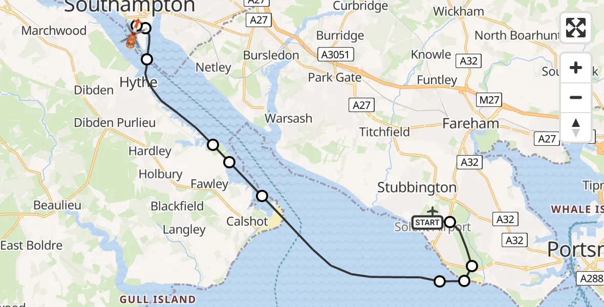 Flight path map showing Coastguard Helicopter route from Solent Airport to Southampton