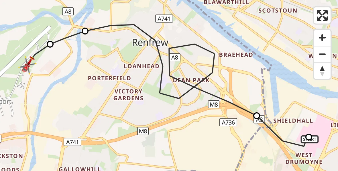 Flight path map showing Air Ambulance Helicopter route from Queen Elizabeth Hospital to Glasgow Airport