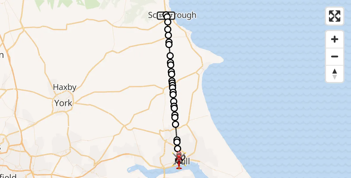 Flight path map showing Air Ambulance Helicopter route from Scarborough to Hull Royal Infirmary