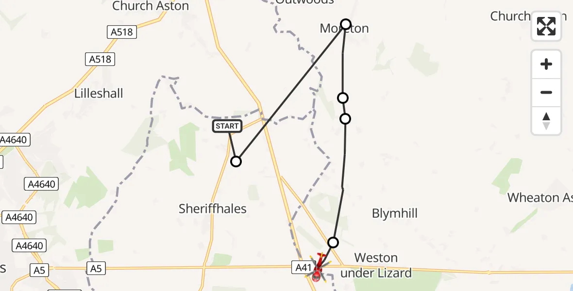 Routekaart van de vlucht: Air Ambulance Helicopter to Weston under Lizard, Watling Street