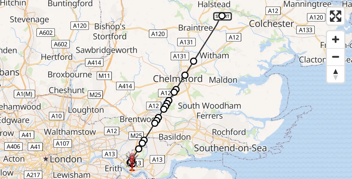 Flight path map showing Air Ambulance Helicopter route from Earls Colne Airfield to South Ockendon