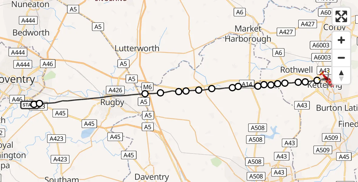 Flight path map showing Air Ambulance Helicopter route from Coventry Airport to Kettering