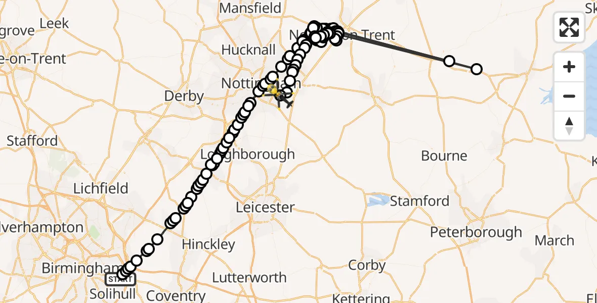 Flight path map showing Police Helicopter route from Birmingham Airport to Holme Pierrepont