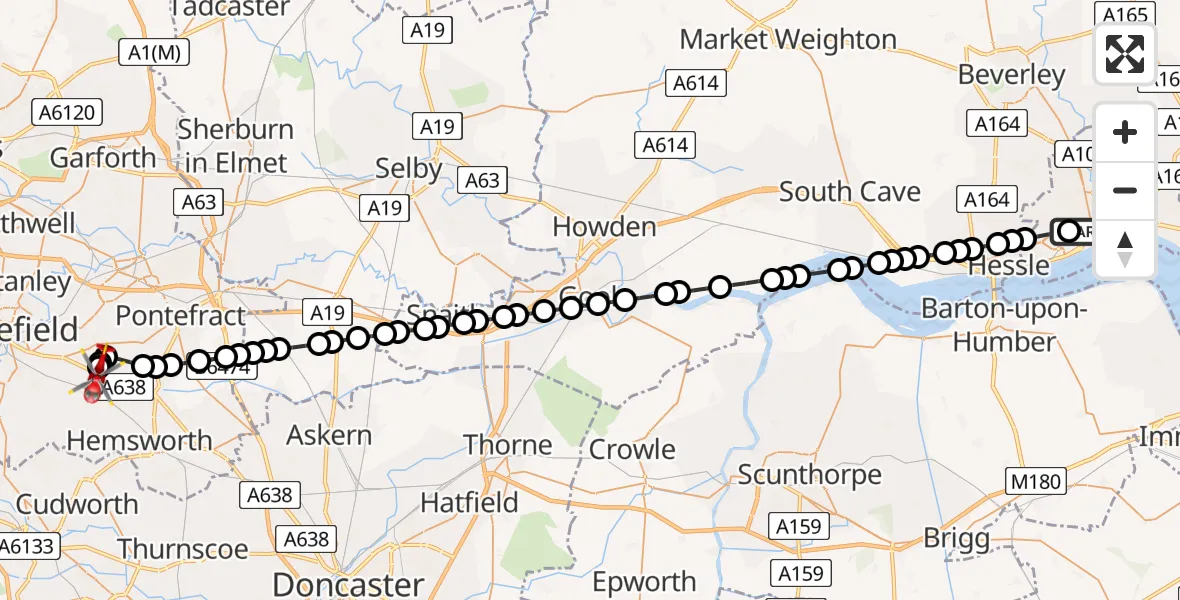 Flight path map showing Air Ambulance Helicopter route from Hull Royal Infirmary to YAA Nostell Helicopter Port