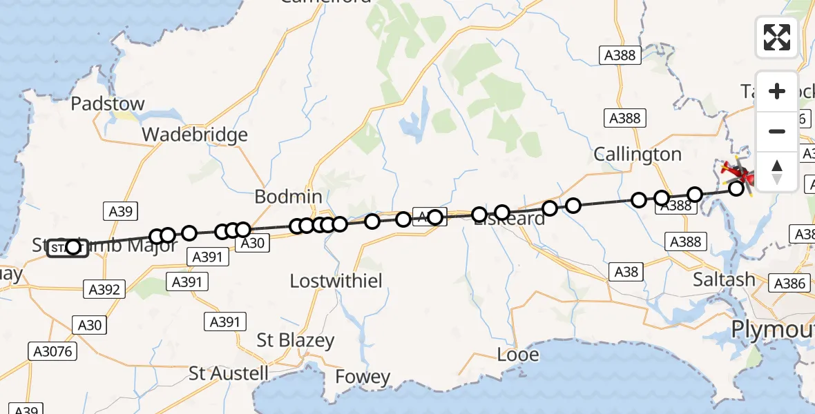 Flight path map showing Air Ambulance Helicopter route from Cornwall Airport Newquay to Bere Alston