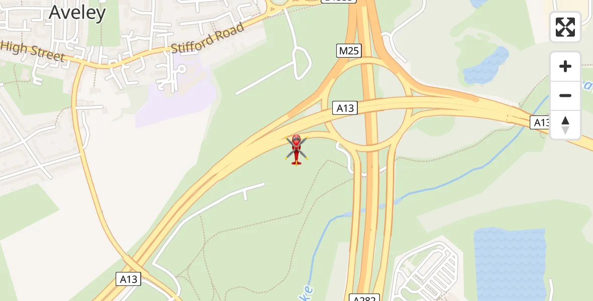 Flight path map showing Air Ambulance Helicopter route from Aveley to Aveley