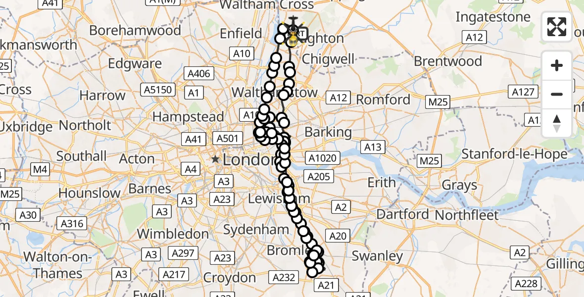 Flight path map showing Police Helicopter route from Metropolitan Police Air Support Unit Lippitts Hill to Metropolitan Police Air Support Unit Lippitts Hill