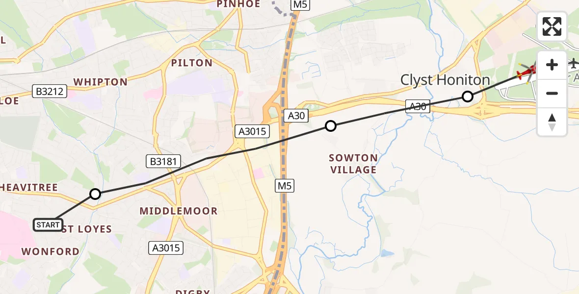 Flight path map showing Air Ambulance Helicopter route from Royal Devon & Exeter Hospital to Exeter International Airport