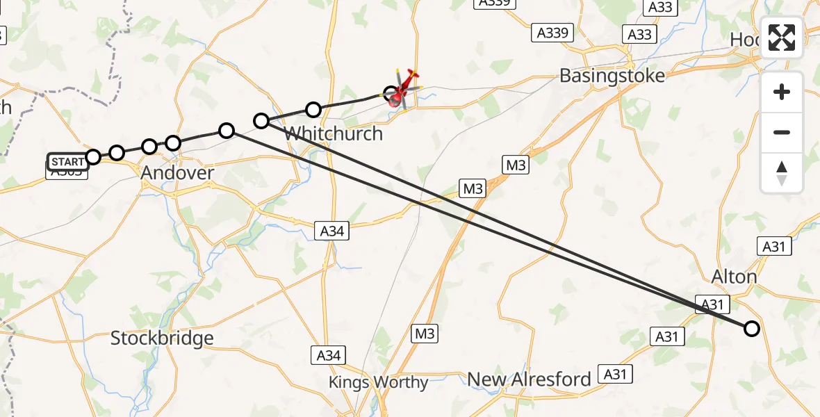 Flight path map showing Air Ambulance Helicopter route from Fyfield to Overton