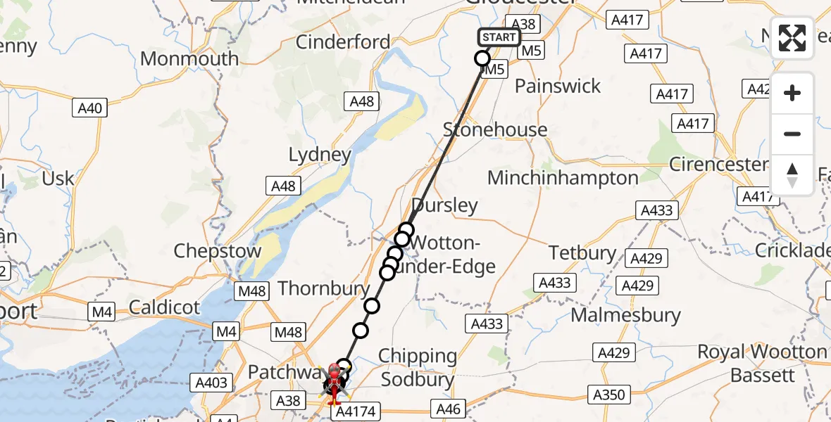Flight path map showing Air Ambulance Helicopter route from Gloucester to Winterbourne Down