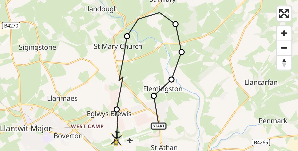 Flight path map showing Police Helicopter route from MOD St Athan to MOD St Athan