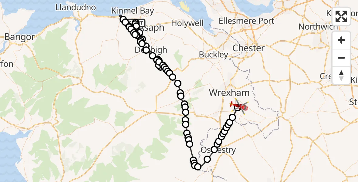Flight path map showing Air Ambulance Helicopter route from Ysbyty Glan Clywd Hospital Heliport to Sesswick
