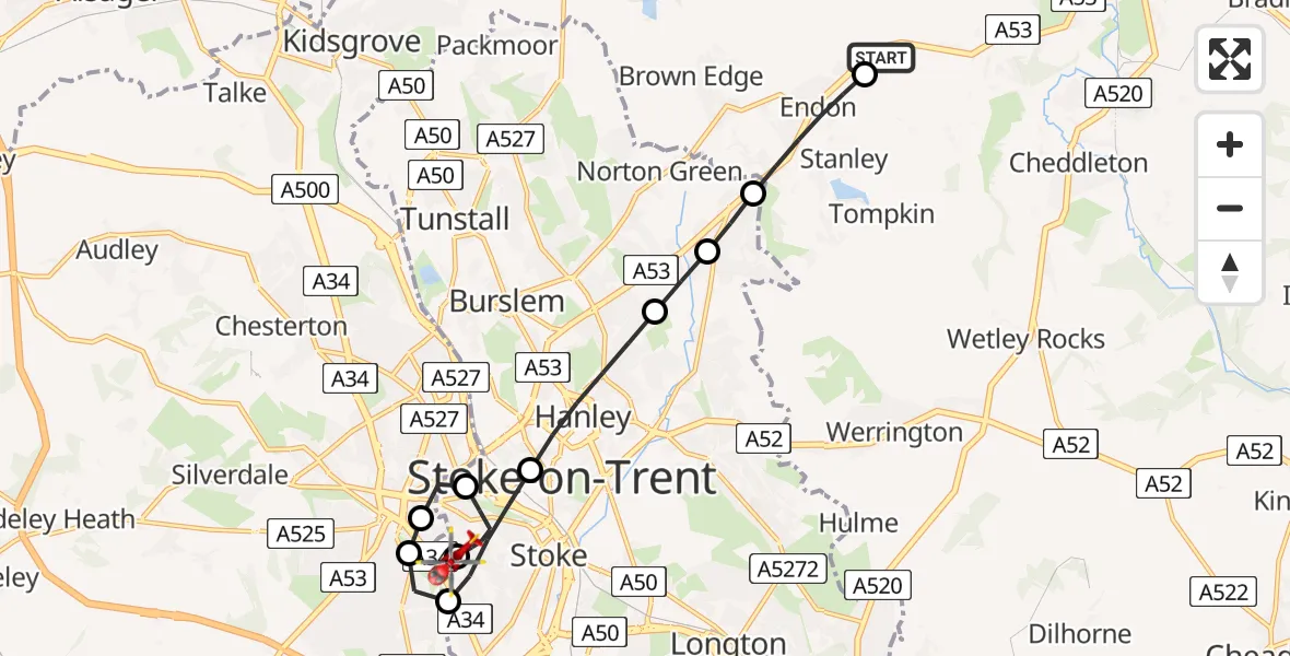 Flight path map showing Air Ambulance Helicopter route from Endon to University Hospital North Staffs