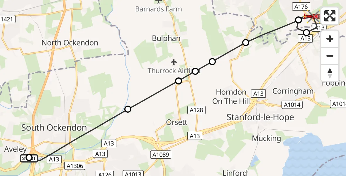 Flight path map showing Air Ambulance Helicopter route from Aveley to Basildon