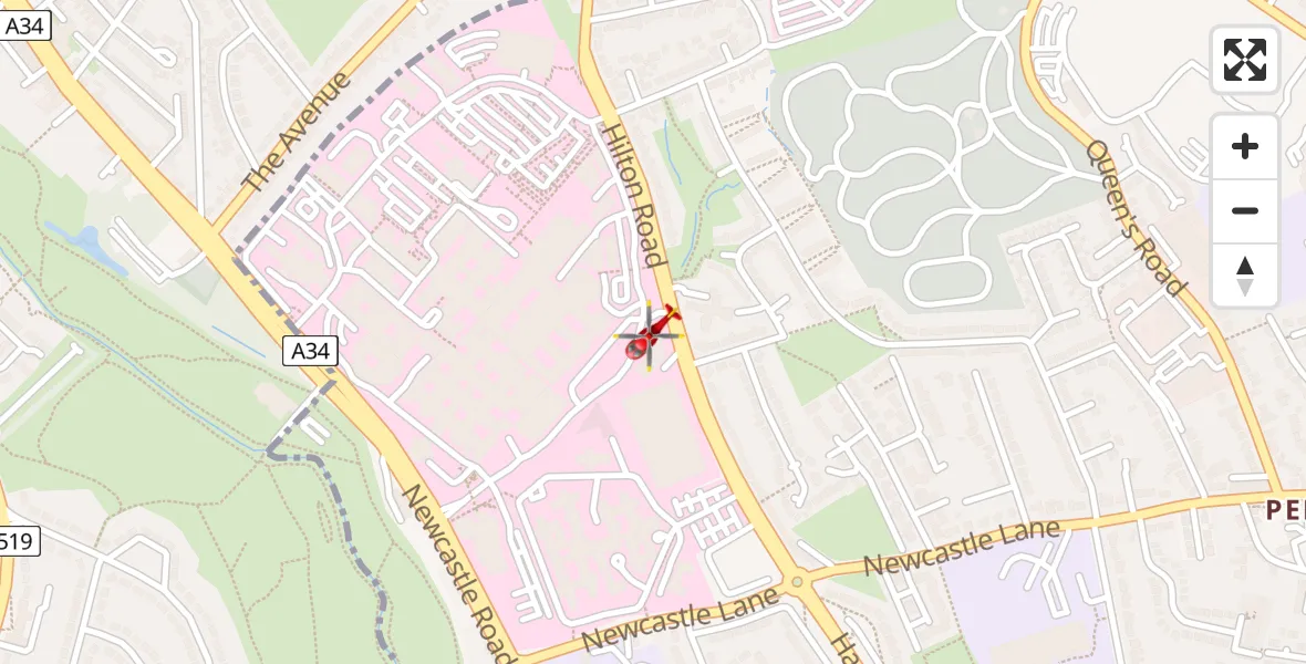 Flight path map showing Air Ambulance Helicopter route from University Hospital North Staffs to University Hospital North Staffs