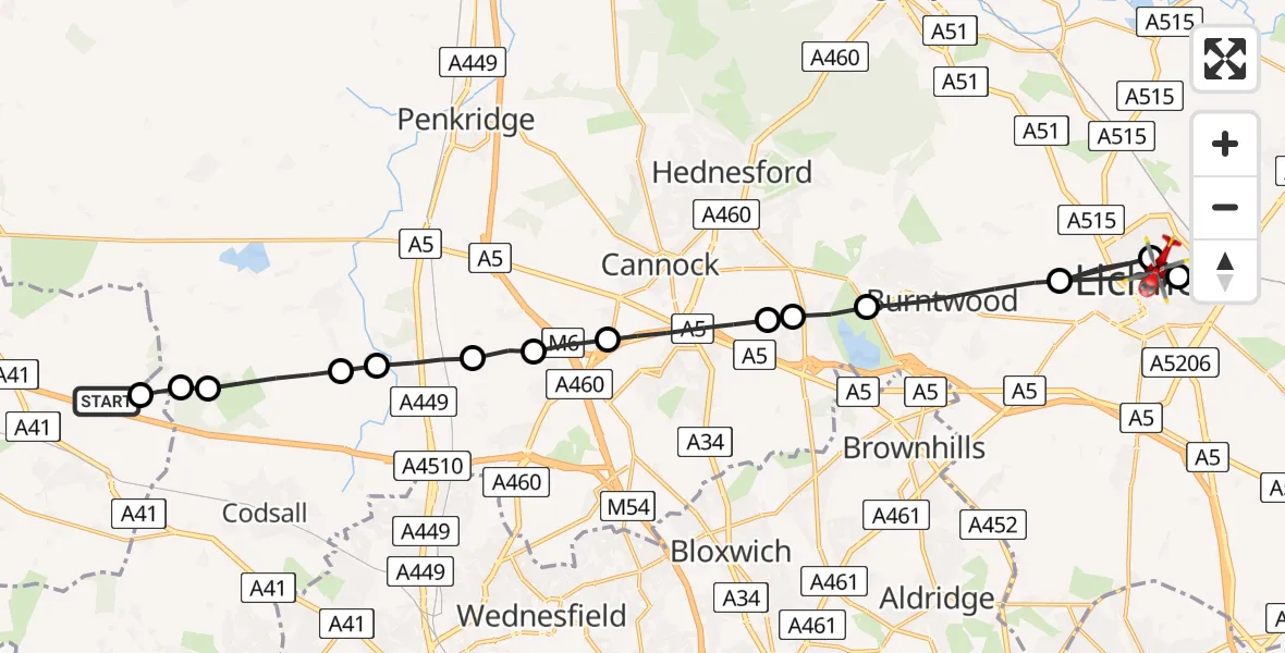 Flight path map showing Air Ambulance Helicopter route from South Staffordshire to Lichfield