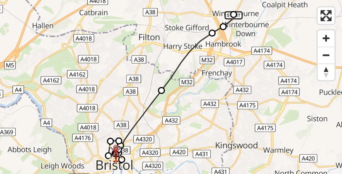 Flight path map showing Air Ambulance Helicopter route from Bristol to Bristol Royal Infirmary