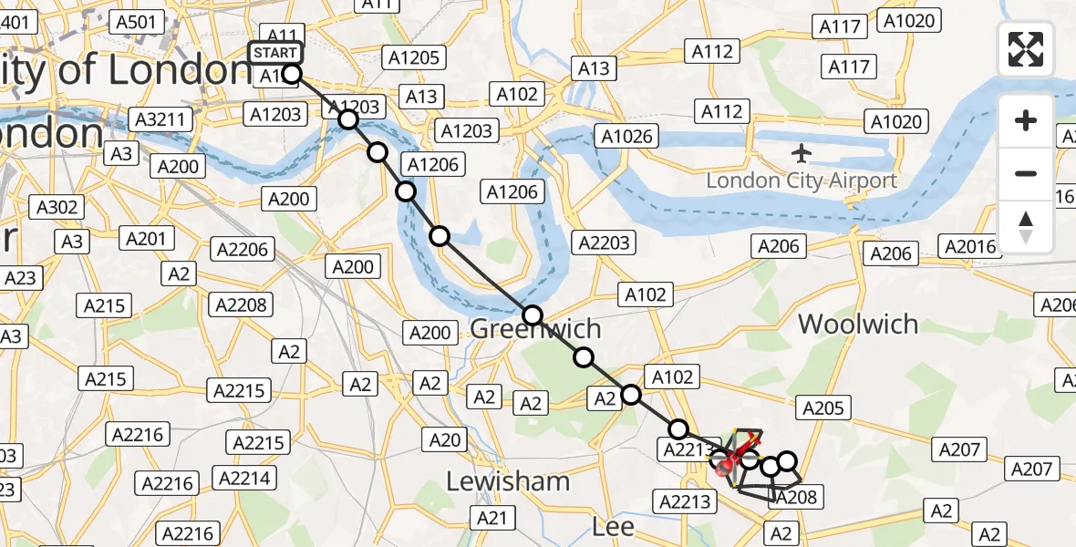 Flight path map showing Air Ambulance Helicopter route from Royal London Hospital to Kidbrooke