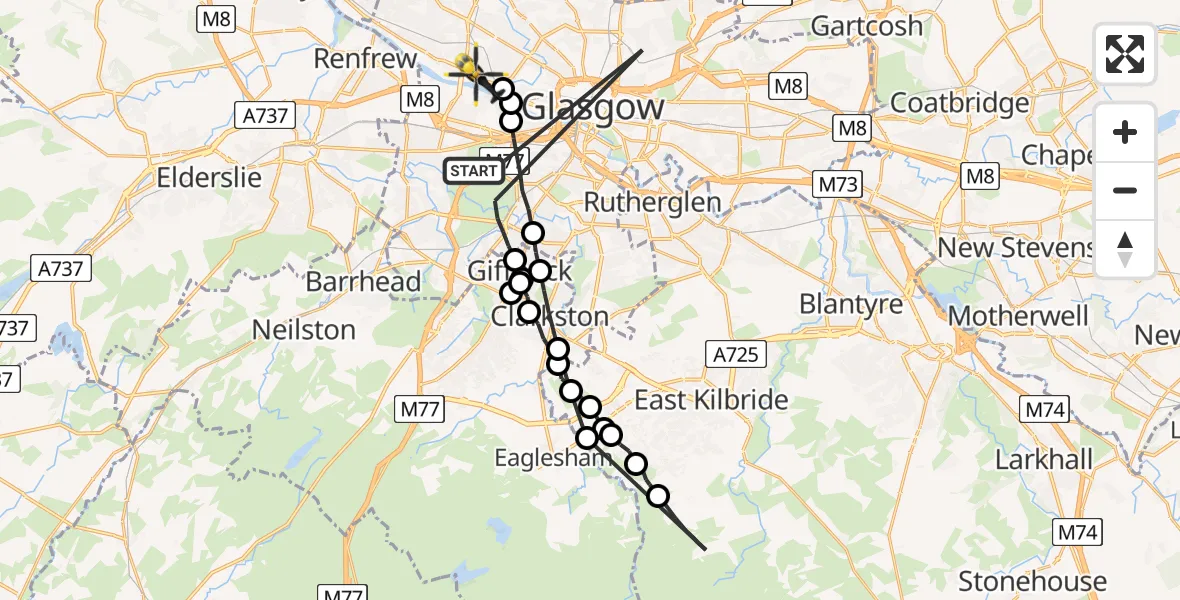 Flight path map showing Police Helicopter route from Glasgow to Glasgow