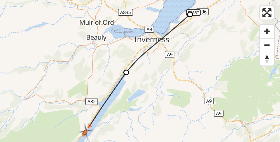 Flight path map showing Coastguard Helicopter route from Inverness Airport to Loch Ness
