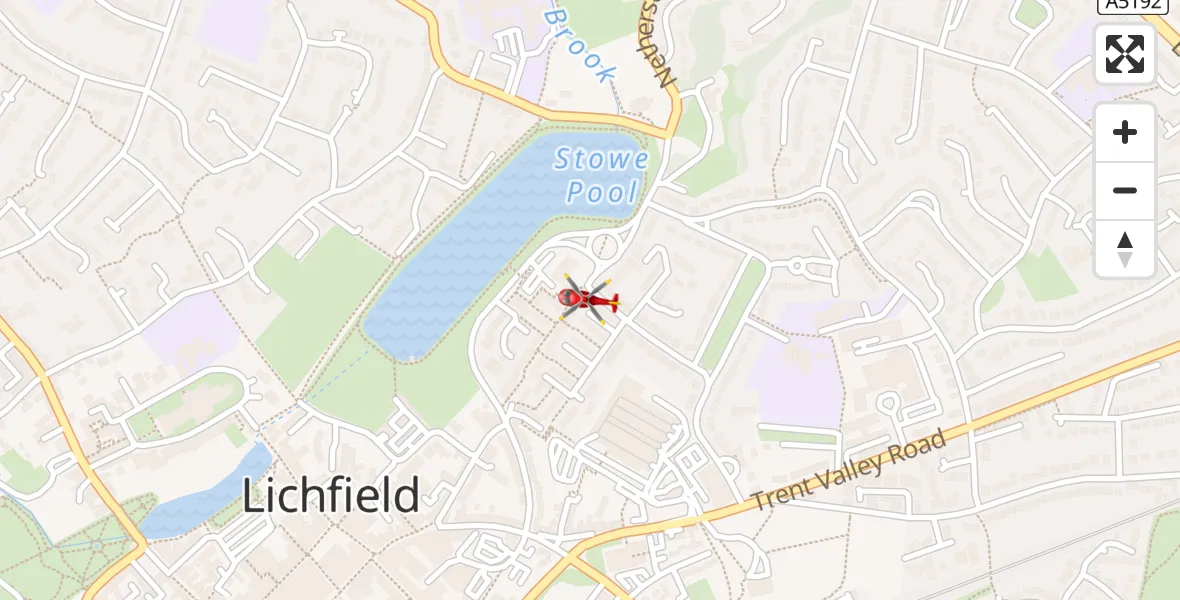 Flight path map showing Air Ambulance Helicopter route from Lichfield to Lichfield