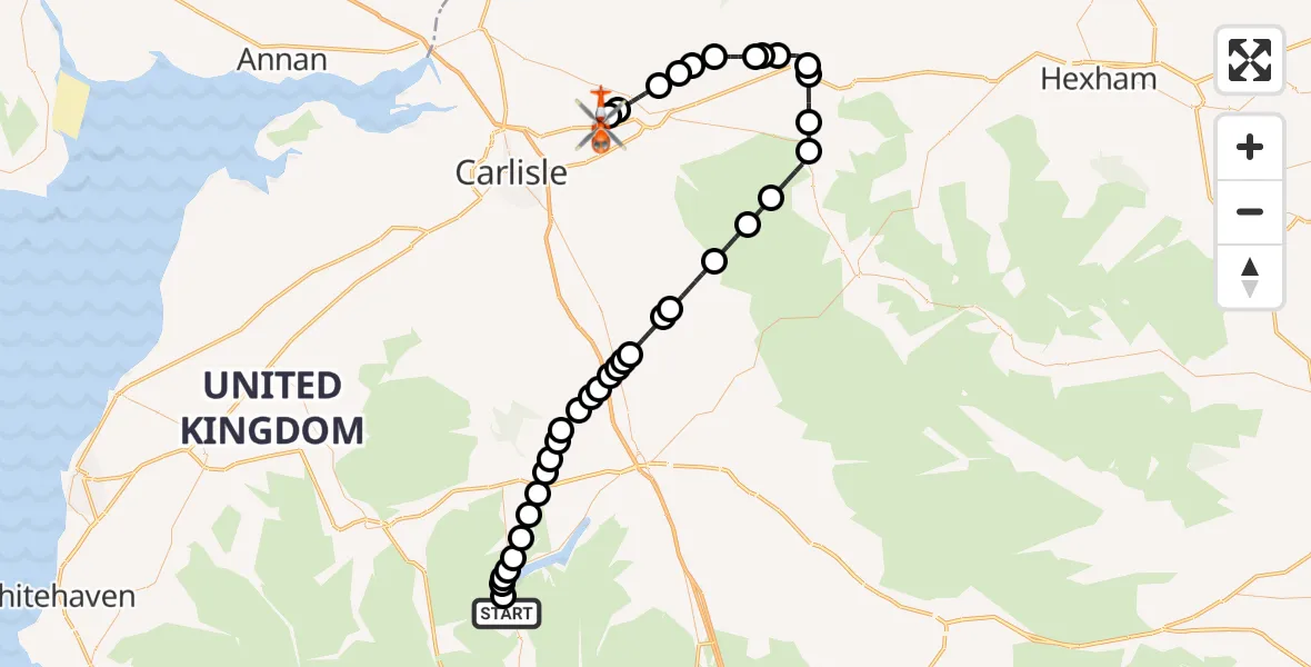 Flight path map showing Coastguard Helicopter route from Glenridding to Carlisle Lake District Airport